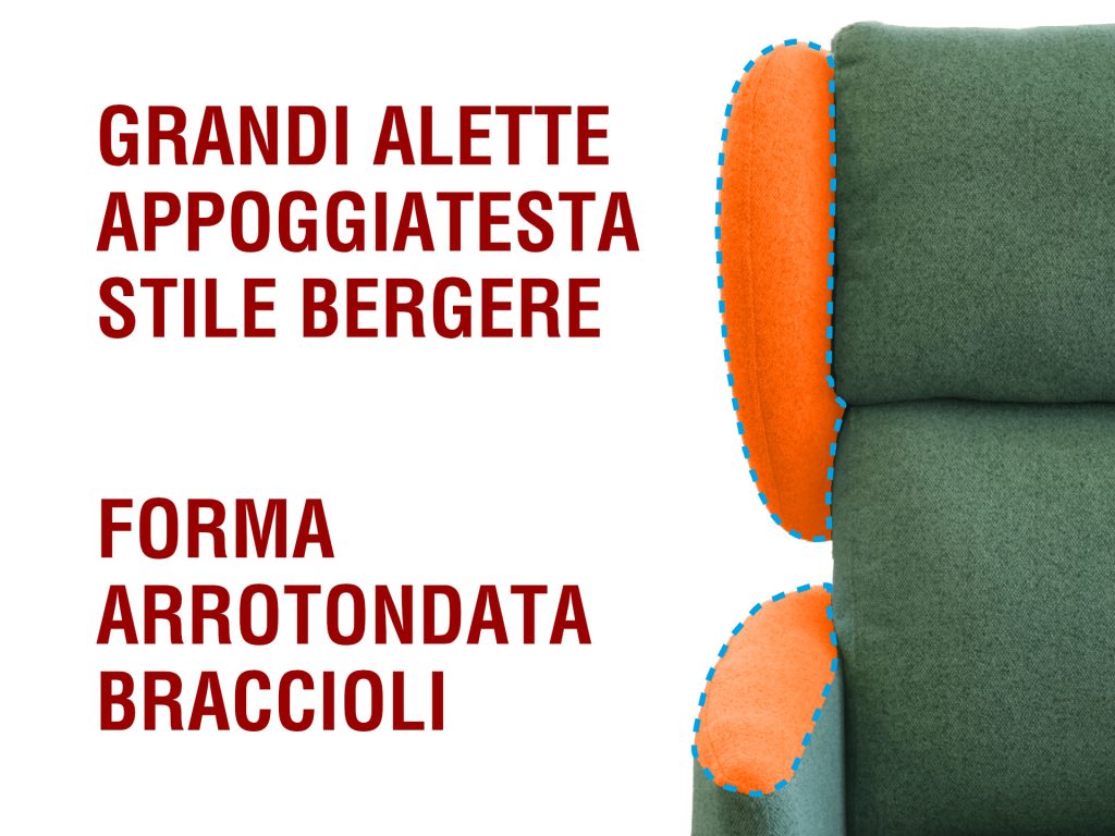 POLTRONA RELAX 2 MOTORI COMPATTA AVVOLGENTE SEDUTA MEMORY Bracciolo anatomico arrotondato e grandi alette appoggiatesta staccabili poltrona con poggiapiedi compatta per anziani