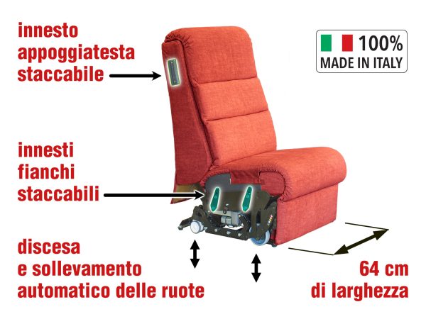 Poltrona 7 motori per disabili spostabile senza fianchi e appoggiatesta larghezza max 64 cm
