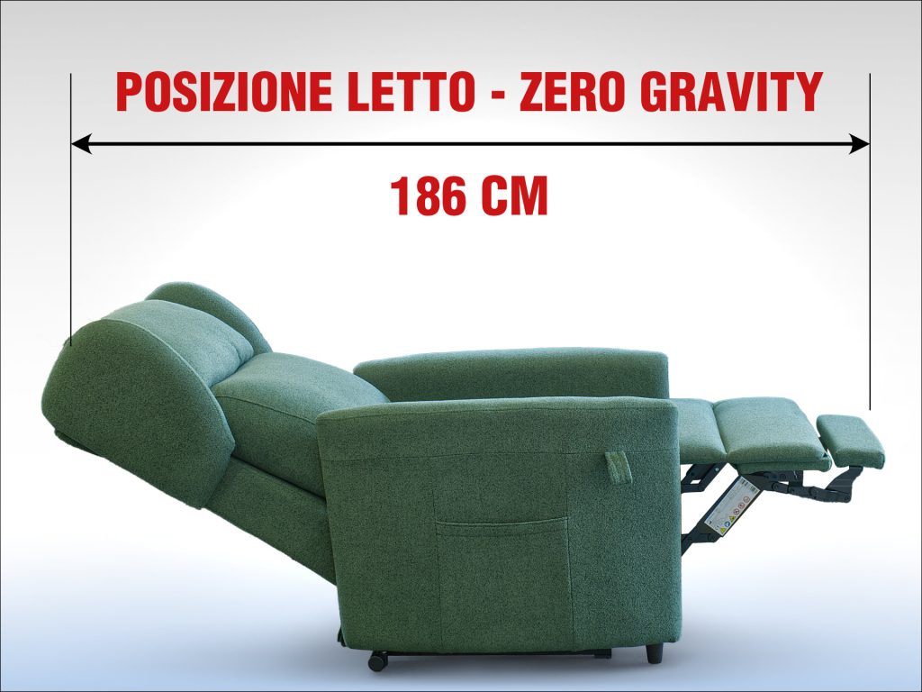 Poltrona con poggiapiedi per anziani lunghezza 186 cm in posizione letto zero gravity